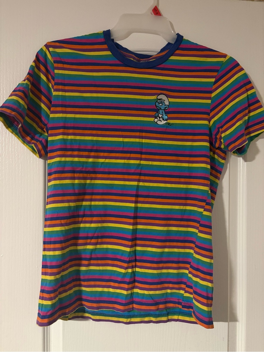 Rainbow Striped Tee with Smurf Patch